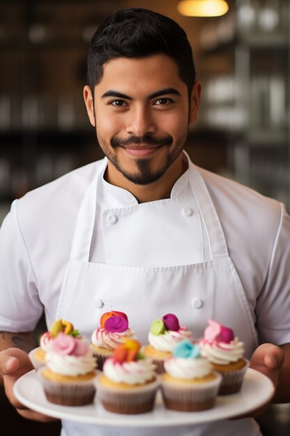 Primo piano sull'uomo con deliziosi cupcakes