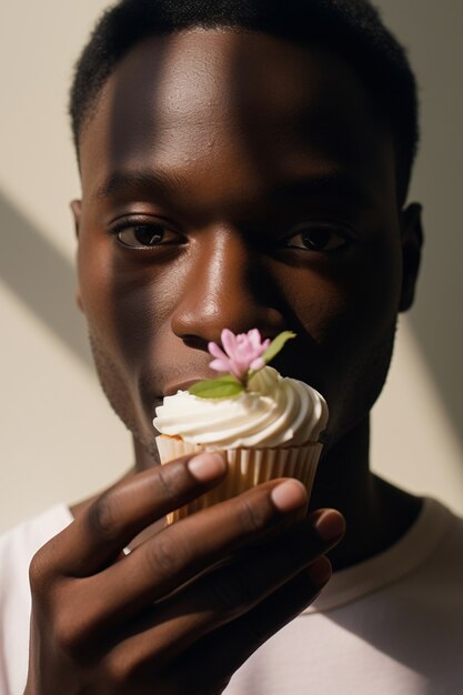 Primo piano sull'uomo con un delizioso cupcake