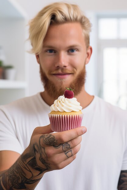 Primo piano sull'uomo con un delizioso cupcake