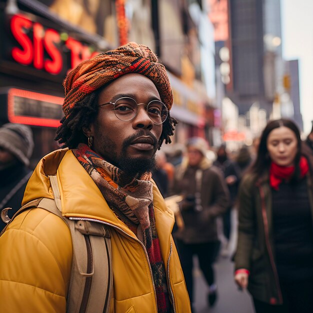 Primo piano sull'uomo per le strade di New York