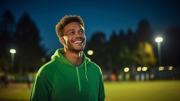 Primo piano sull'uomo sorridente sul campo di calcio