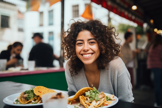 Primo piano sulla donna che mangia taco delizioso