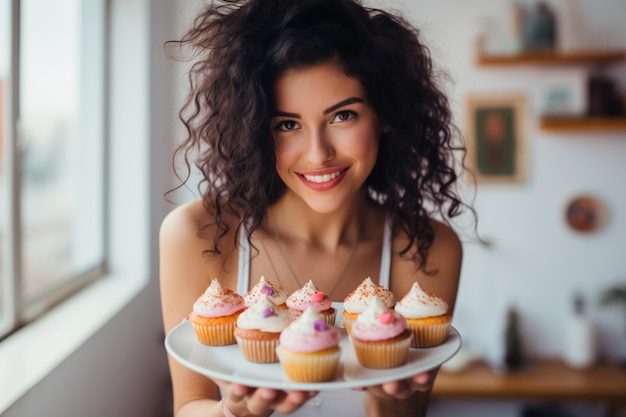 Primo piano sulla donna con deliziosi cupcakes