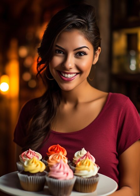 Primo piano sulla donna con deliziosi cupcakes