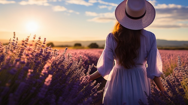 Primo piano sulla donna nel campo di lavanda