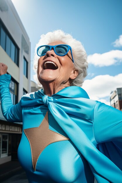 Primo piano sulla donna supereroe in costume blu