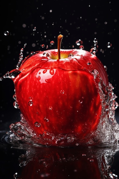 Primo piano sulla mela spruzzata dall'acqua