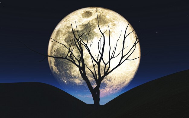 Priorità bassa di Halloween 3D con albero staglia contro la luna