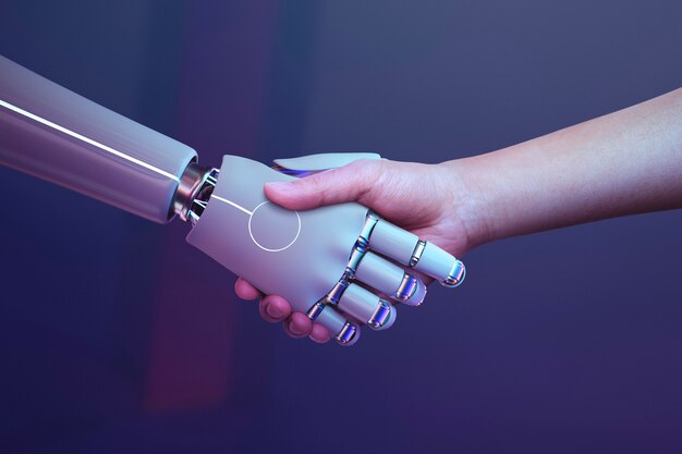 Priorità bassa umana stretta di mano del robot, era digitale futuristica