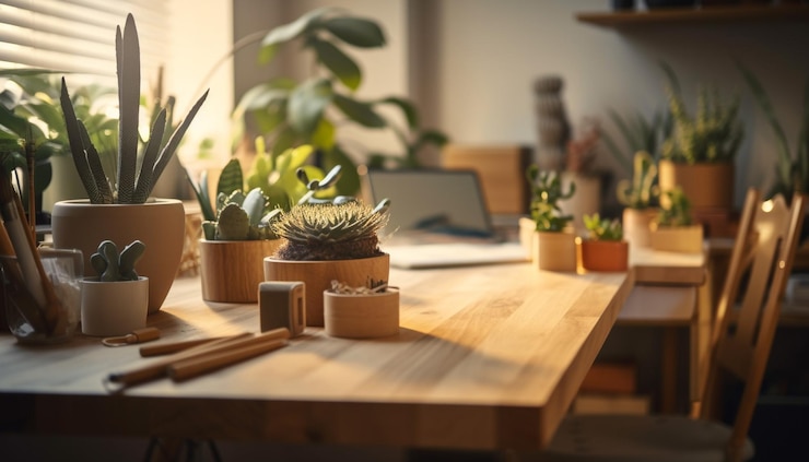 Foto gratuito professionista del design moderno che lavora alla scrivania in legno al chiuso generato dall'intelligenza artificiale