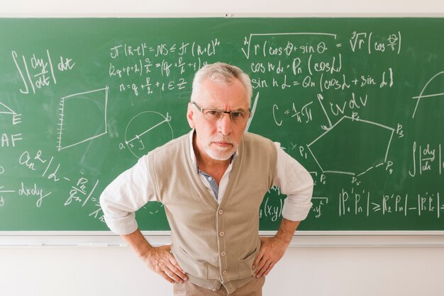 Professore anziano serio in aula che guarda l&#39;obbiettivo