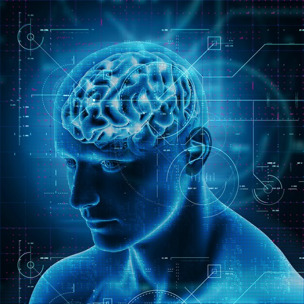 Progettazione di tecnologia medica 3D sopra la figura maschio con il cervello evidenziato