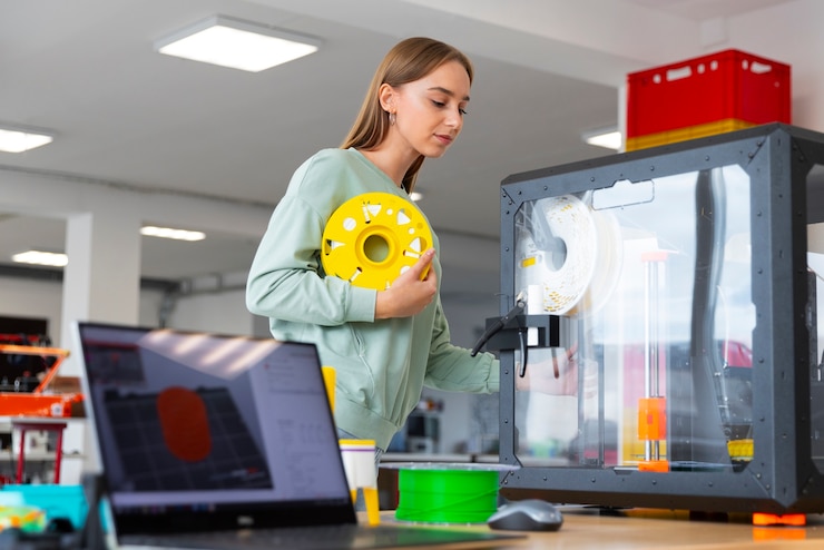 Foto gratuito progettista che usa una stampante 3d