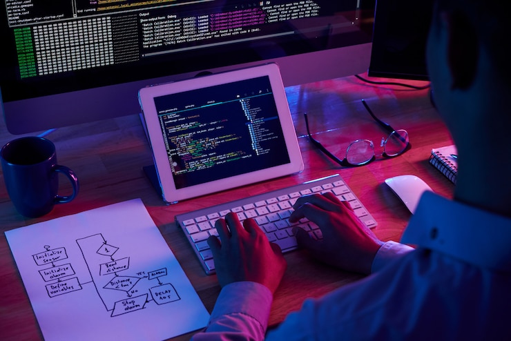 Foto gratuito programmatore professionista che lavora fino a tardi nell'ufficio buio
