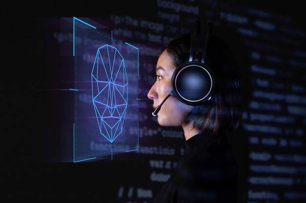 Programmatrice femminile che scansiona il suo viso con la tecnologia di sicurezza biometrica sul remix digitale dello schermo virtuale