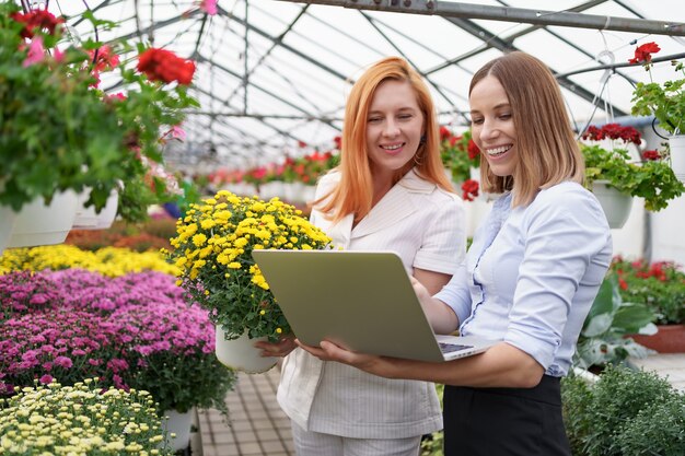 Proprietario di una serra che presenta le opzioni dei fiori a un potenziale rivenditore del cliente utilizzando il laptop.