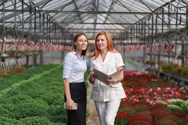 Proprietario di una serra che presenta opzioni di fiori a un potenziale rivenditore cliente.