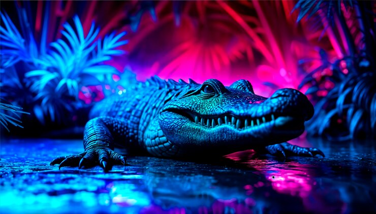 Foto gratuito prossimo piano del coccodrillo alla luce al neon