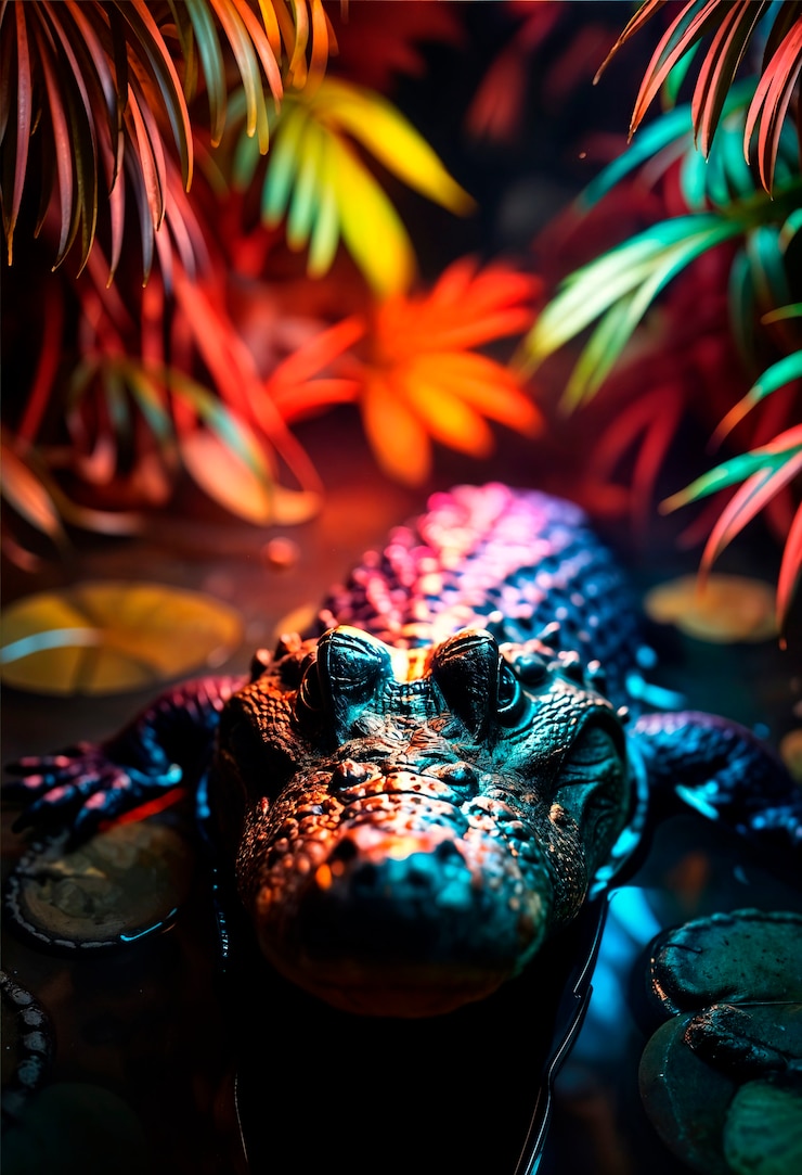Foto gratuito prossimo piano del coccodrillo alla luce al neon