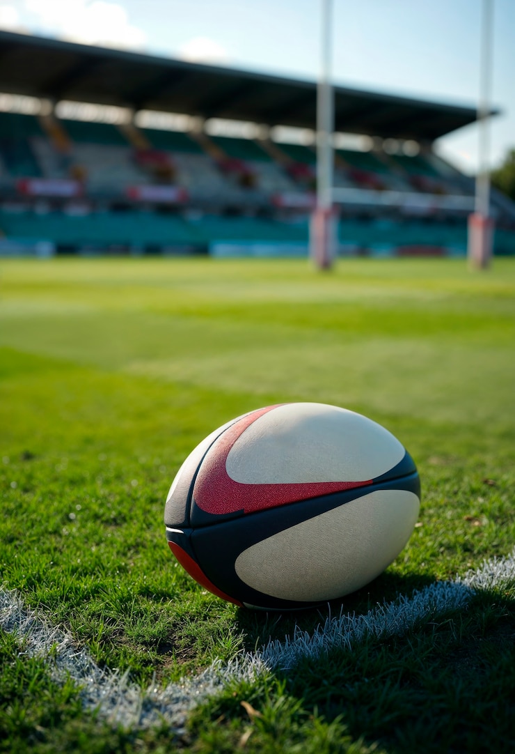 Foto gratuito prossimo piano dell'ambiente sportivo con la palla da rugby