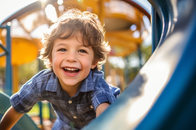 Prossimo piano di un ragazzo che gioca nel parco dei bambini