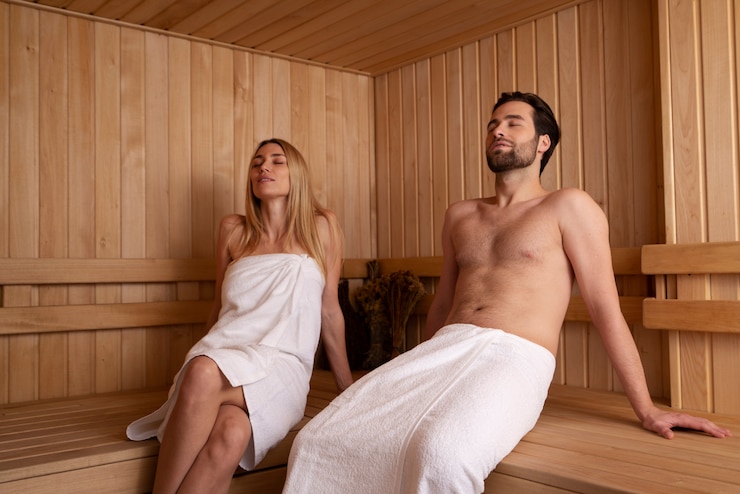 Foto gratuito prossimo piano di una coppia che si rilassa nella sauna
