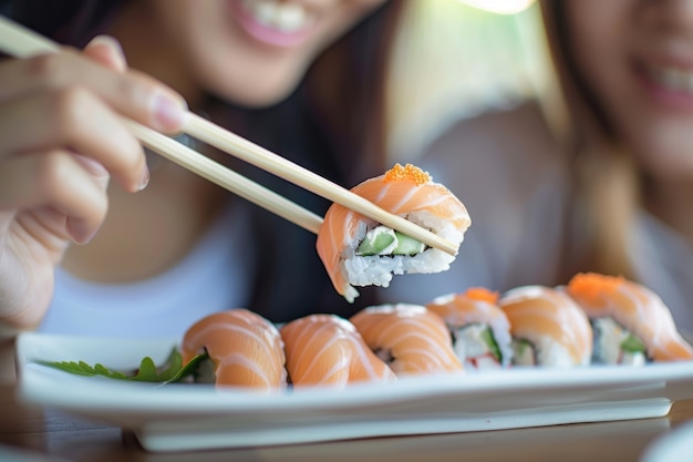 Prossimo piano su una persona che mangia sushi