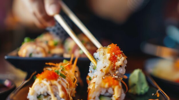 Prossimo piano su una persona che mangia sushi