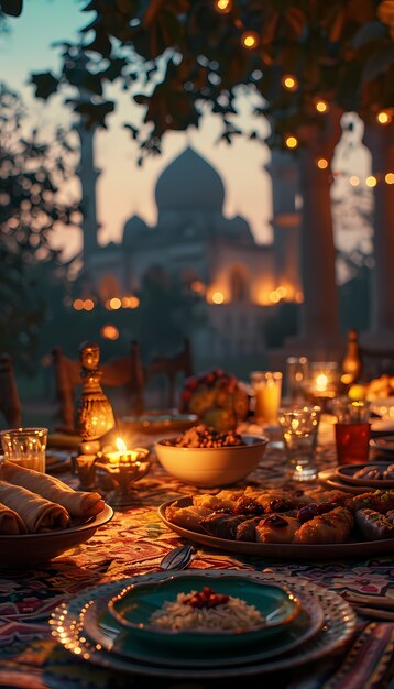 Prossimo piano sull'appetitoso pasto del Ramadan