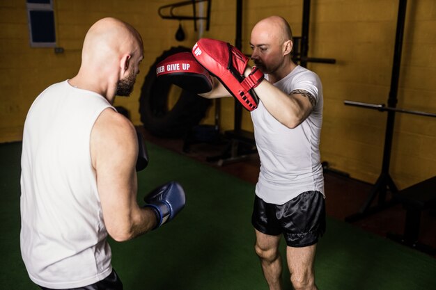 Pugili che praticano la boxe nello studio fitness