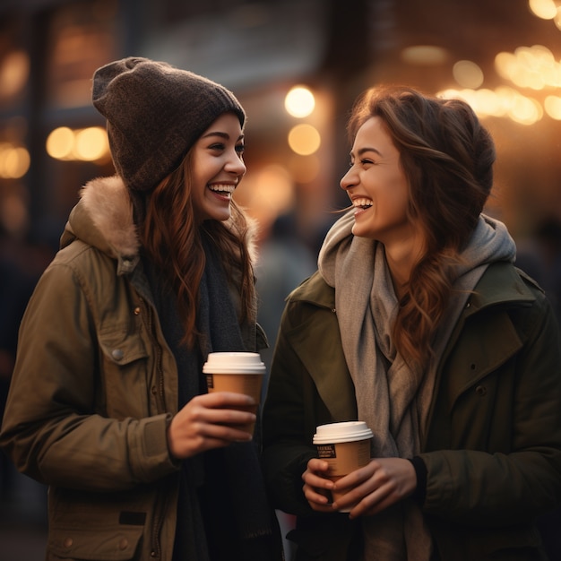 Punto di vista delle donne che tengono le tazze di caffè e che sorridono