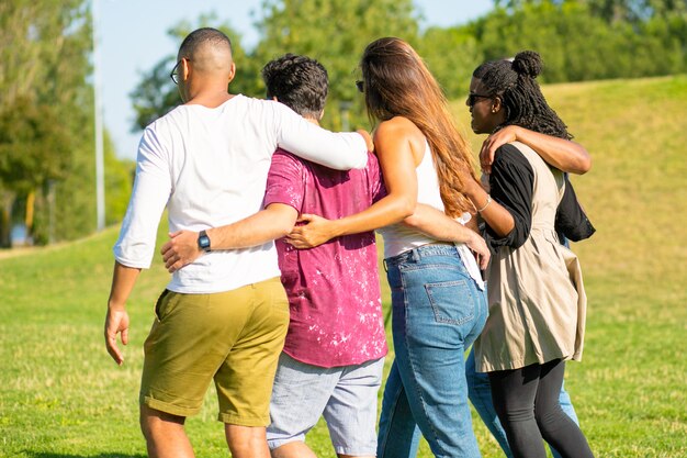 Punto di vista posteriore degli amici che abbracciano mentre passeggiando sul prato. Giovani che parlano mentre camminano insieme. Concetto di amicizia