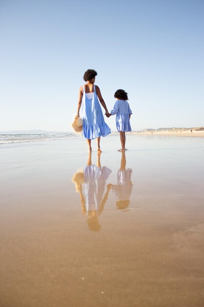 Punto di vista posteriore dell'amorevole famiglia afroamericana che cammina sulla spiaggia. Madre e figlia con i capelli ricci scuri che trascorrono del tempo insieme all'aria aperta. Tempo libero, tempo in famiglia, concetto di stare insieme