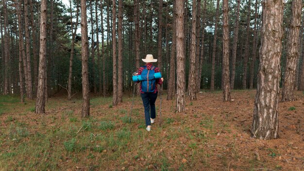 Punto di vista posteriore della donna turistica più anziana con lo zaino in foresta