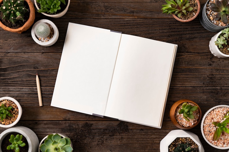 Foto gratuito quaderno bianco piatto con piante