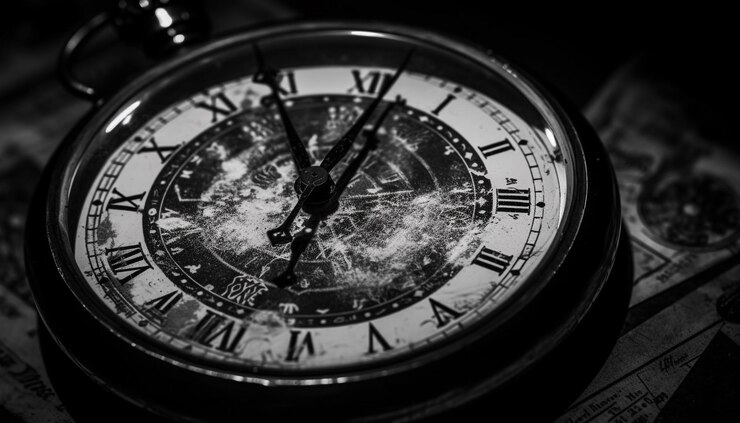 Foto gratuito quadrante di orologio antico in bianco e nero natura morta generata dall'intelligenza artificiale