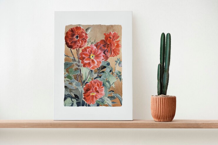 Foto gratuito quadro su tela su mensola in legno con cactus