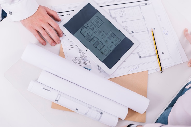 Foto gratuito raccogli le persone vicino a tablet e progetti