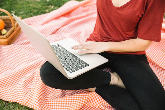 Raccolga il computer portatile di lettura rapida della donna sul picnic