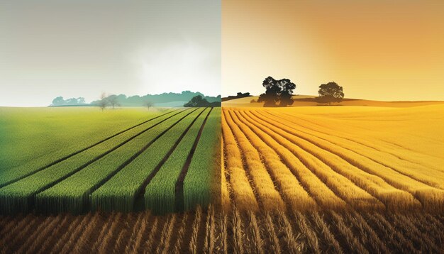 Raccolta del grano biologico al tramonto nel prato generato dall'IA