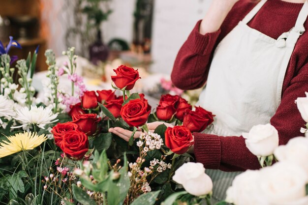 Raccolto fiorista toccando le rose rosse