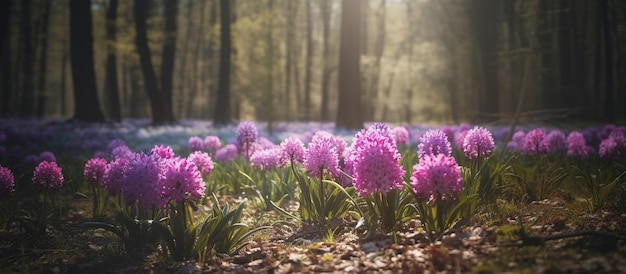 Radura primaverile nella foresta con giacinti rosa e viola in fiore AI Immagine generata