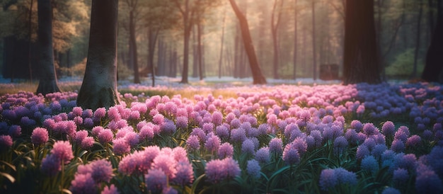 Radura primaverile nella foresta con giacinti rosa e viola in fiore AI Immagine generata