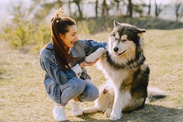 Ragazza alla moda in un campo soleggiato con un cane