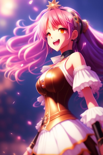 Ragazza anime con i capelli rosa e un sorriso