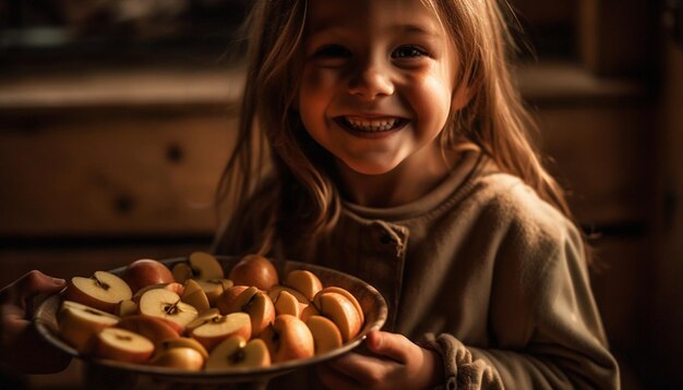 Ragazza carina che gode di uno spuntino di frutta sano al chiuso generato dall'intelligenza artificiale