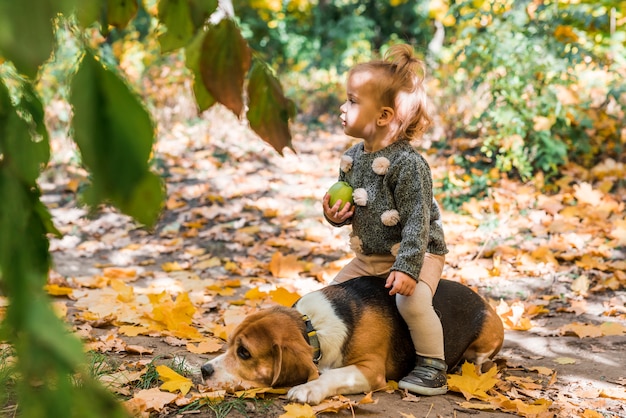 Ragazza carina che si siede sul cane beagle nella foresta