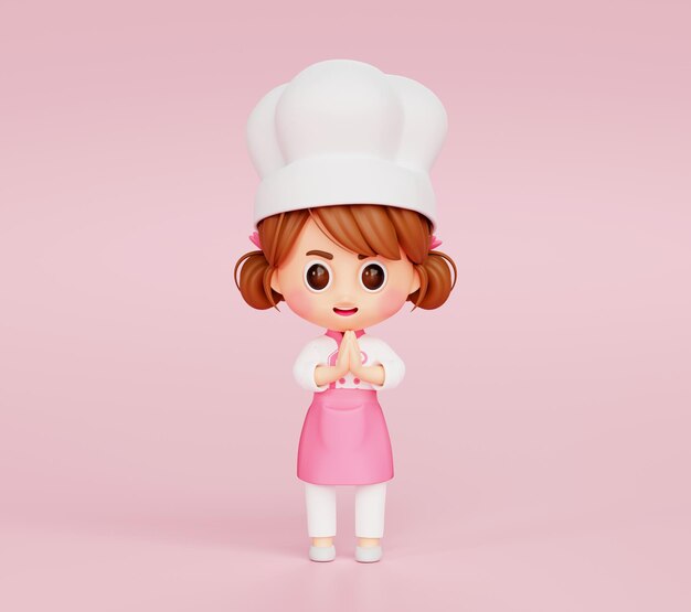 Ragazza carina chef in uniforme saluto saluto Benvenuto al ristorante illustrazione 3d cartone animato