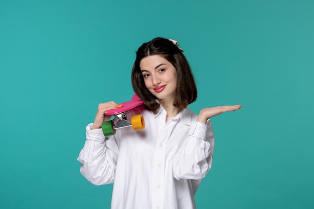 Ragazza carina giovane ragazza castana abbastanza adorabile in camicia bianca che tiene uno skateboard luminoso