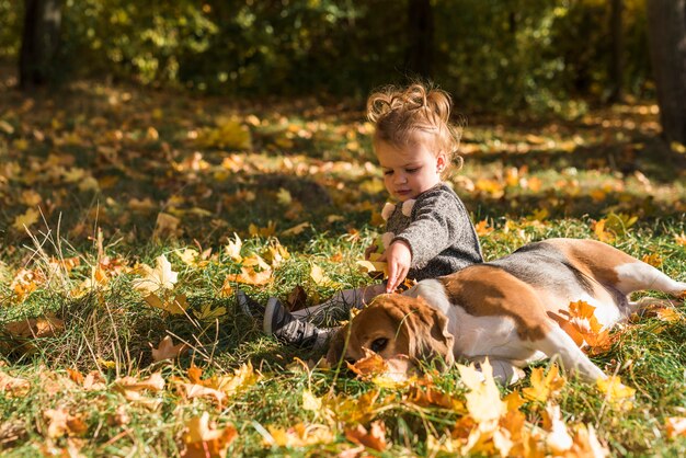 Ragazza che si siede vicino al cane beagle sdraiato sull&#39;erba nella foresta